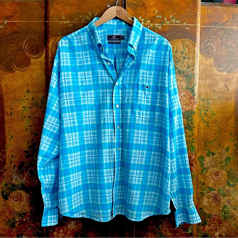 Men’s Vineyard Vines XL Blue Plaid Long Sleeve Button Up Shirt
